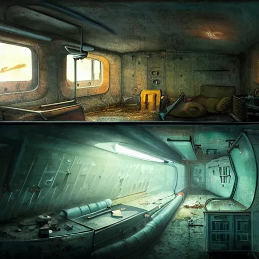 Image similar to inside an narrow quarter room of an abandonned ussr submarine, dim lighting with very small lightrays, comming, concept art, 4 k, hd, art station trending, sergii ivanchenko, sharp and highly detailed