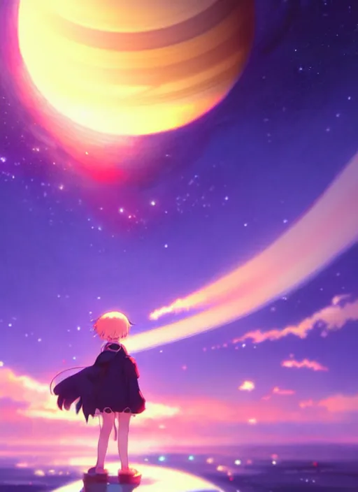 Image similar to anime girl floating against the backdrop of dawn, saturn in the background, illustration, concept art, anime, key visual, trending pixiv fanbox by wlop and greg rutkowski and makoto shinkai and studio ghibli