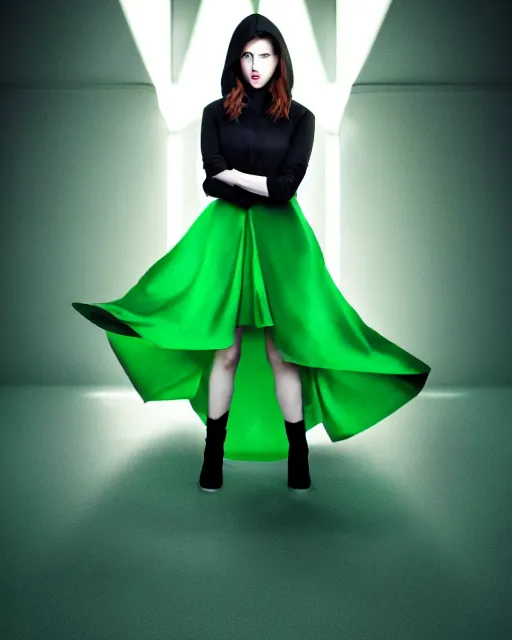 Prompt: Karmen Loh art, cinematics lighting, beautiful Anna Kendrick supervillain, green dress with a black hood, angry, symmetrical face, Symmetrical eyes, full body, flying in the air over city, night time, red mood in background