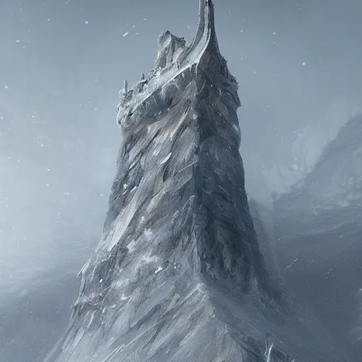 Prompt: an architectural concept of a fantasy tower in the top of a mountain, during winter with snow, trending on artstation, byeytan zana, environmental concept art & design, digital 2 d