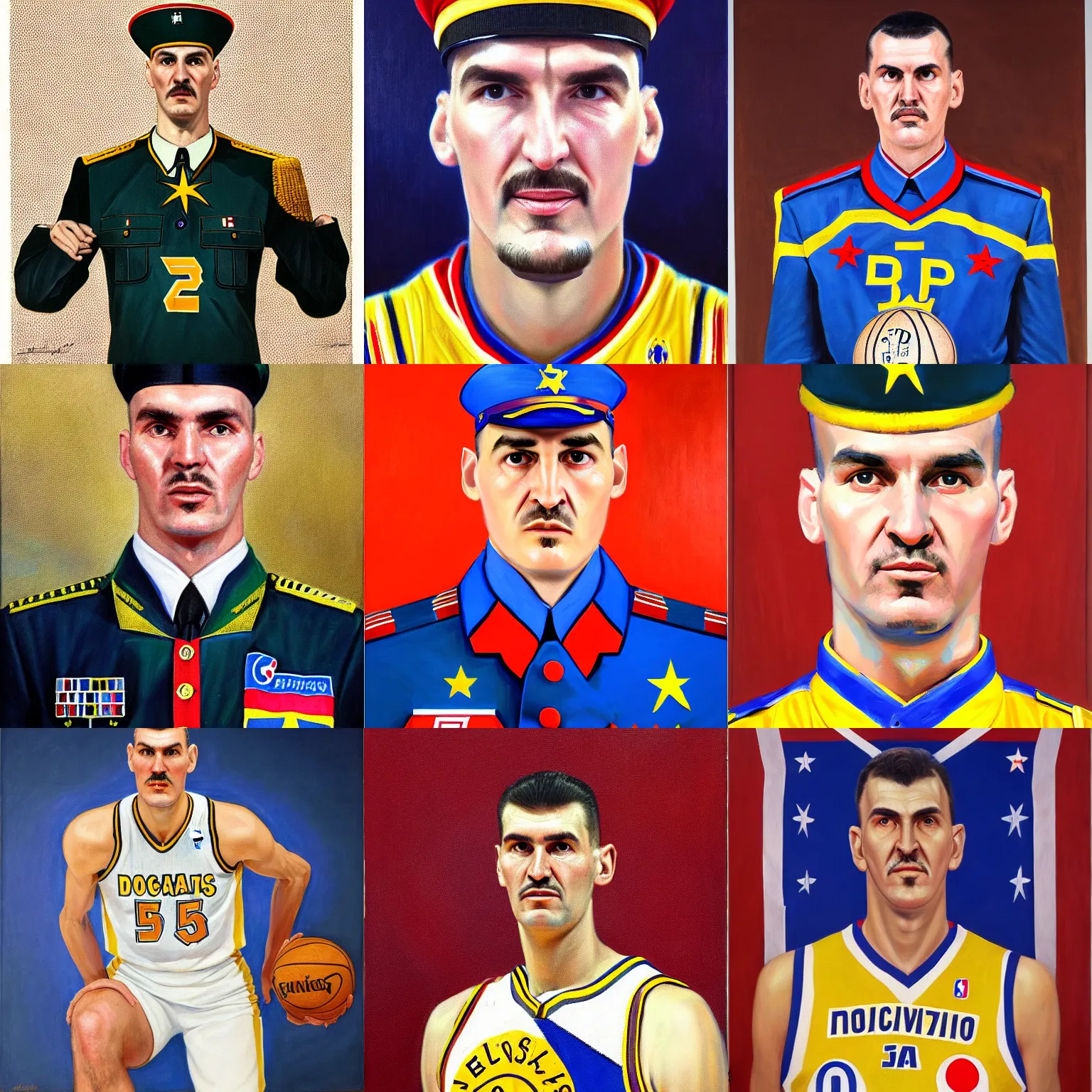 Prompt: official portrait of yugoslavian dictator, nba star nikola jocic, 1 9 6 1, in military uniform, uniform inspired by denver nuggets, oil on canvas by william sidney mount, national archives, trending on artstation