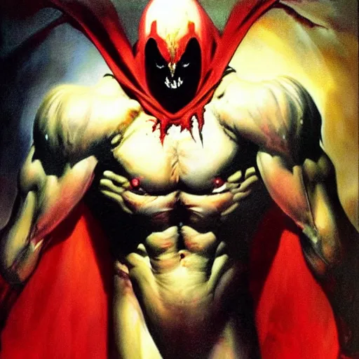 Image similar to ultra realistic portrait painting of spawn, art by frank frazetta, 4 k, ultra realistic, highly detailed, epic lighting