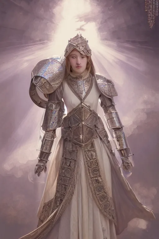 Image similar to beautiful and victorian and holy and divine and elite young medieval female white armor knight portrait +shinny eyes+front face with light flowing hair, ultradetail face, art and illustration by tian zi and craig mullins and WLOP and alphonse mucha, fantasy, intricate complexity, human structure, human anatomy, fantasy character concept, watermark, blurry, hyperrealism 8k