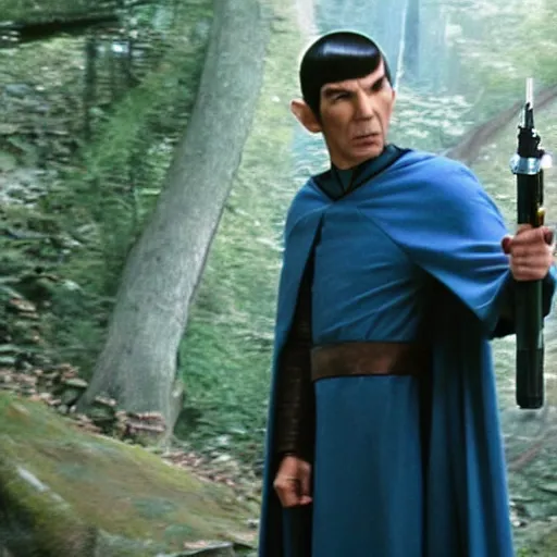 Image similar to a still shot of a movie, spock from star trek, spock holding a starwars lightsaber, spock in the hobbit shire, spock wearing hogwarts robes, spock is wearing a wizard's hat, 4k