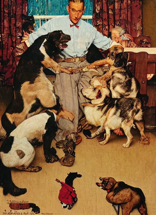 Image similar to a norman rockwell painting of an exploding dog