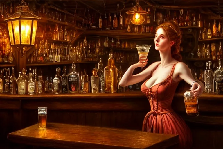 Image similar to a beautiful barmaid, dimly lit cozy tavern, relaxed pose, fantasy, intricate, elegant, dramatic lighting, emotionally evoking symbolic metaphor, highly detailed, lifelike, photorealistic, digital painting, artstation, concept art, smooth, sharp focus, illustration, art by John Collier and Albert Aublet and Krenz Cushart and Artem Demura and Alphonse Mucha