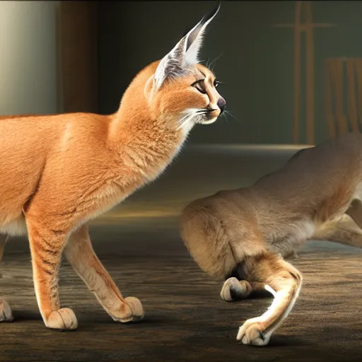 Image similar to a caracal playing with a pc, photorealistic, 8 k, ultra detailed