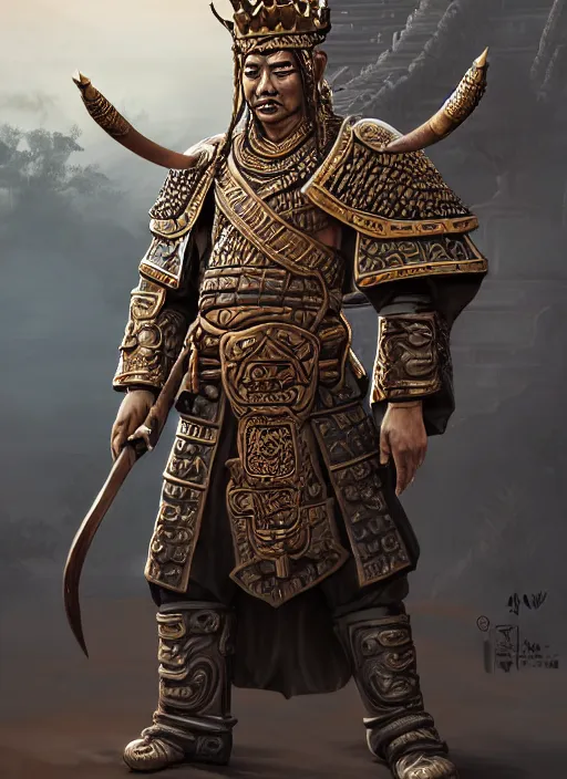 Image similar to tai warlord, portrait, pose as king ramkhaheang monument, historical, ethnic group, traditional tai costume, bronze headset, leather shoulder armor, fantasy, intricate, with leather armor cross onbare chest, elegant, loin cloth, highly detailed, oill painting, artstation, concept art, matte, sharp focus, illustration, hearthstone, art by earl norem