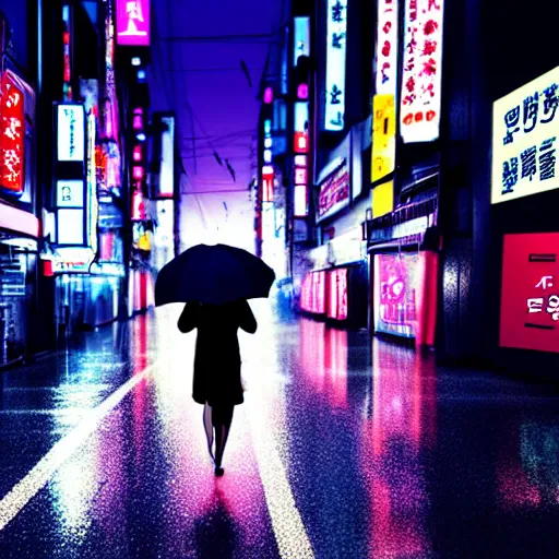 Image similar to a woman holding an umbrella, walking down the streets of tokyo, with neon signs, while it's raining. cinematic lighting, digital art. award winning.