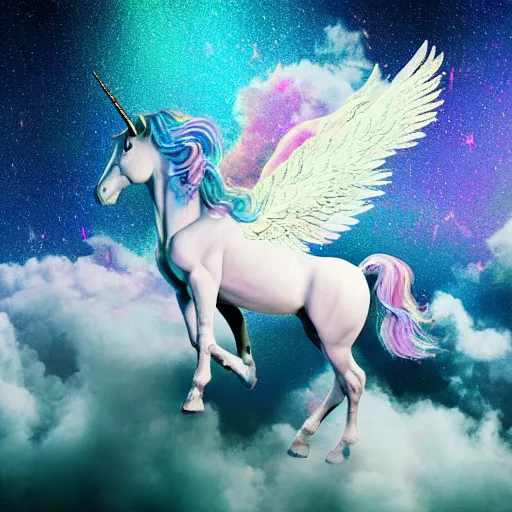 Prompt: 8 k capture scan of a iridescent unicorn with wings dancing in a garbage dump, the sky has the milky way, high textured, conceptual, intricate detailed photography, illustration sharp