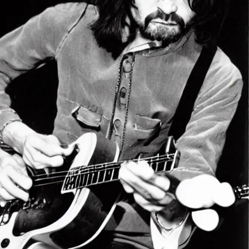 Image similar to charles manson playing guitar on stage with the beatles, black and white, high quality photography, realistic, detailed, uncropped, realistic face,