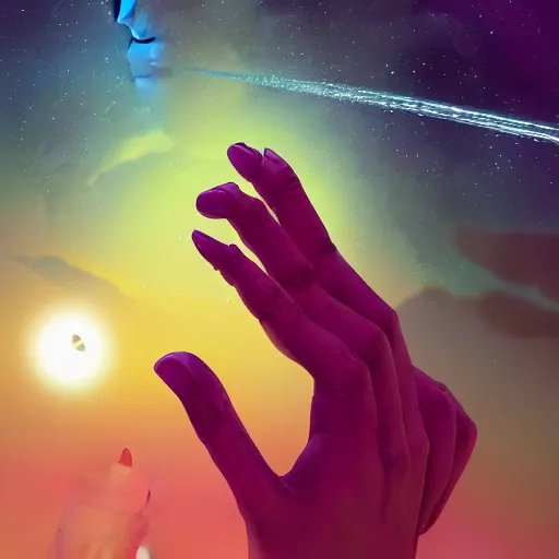 Image similar to a beautiful, powerful woman stretching her hand out toward the camera, emanating magic from her palms, cgsociety contest winner, illustrated by mike beeple winklemann, space art, portrait art, artstation, 4 k, 8 k