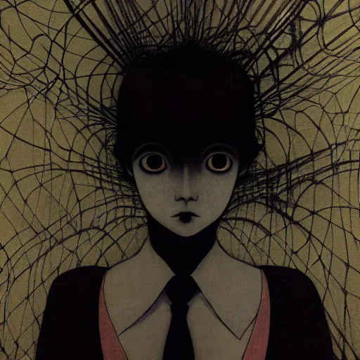 Image similar to yoshitaka amano blurred and dreamy minimalistic three quarter angle portrait of a young woman with black lipstick and black eyes wearing dress suit with tie looking up and to the side, junji ito abstract patterns in the background, satoshi kon anime, noisy film grain effect, highly detailed, renaissance oil painting, weird portrait angle, blurred lost edges