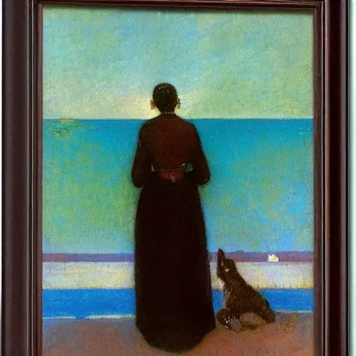 Image similar to a woman and her black and brown chihuahua looking out to sea by odilon redon