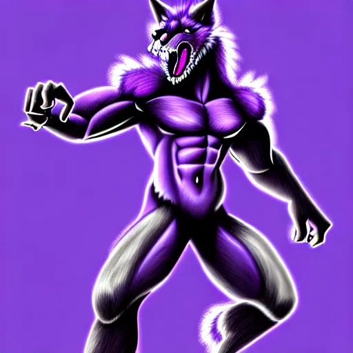 Prompt: giant anthropomorphic muscular purple wolf dragon, generic furry style, wearing jeans, deviantart, professional furry drawing, insanely detailed, artistic design, wolf - like face, doing a pose from jojo's bizarre adventure, detailed muscles, exaggerated features, beautiful shading, studio lighting