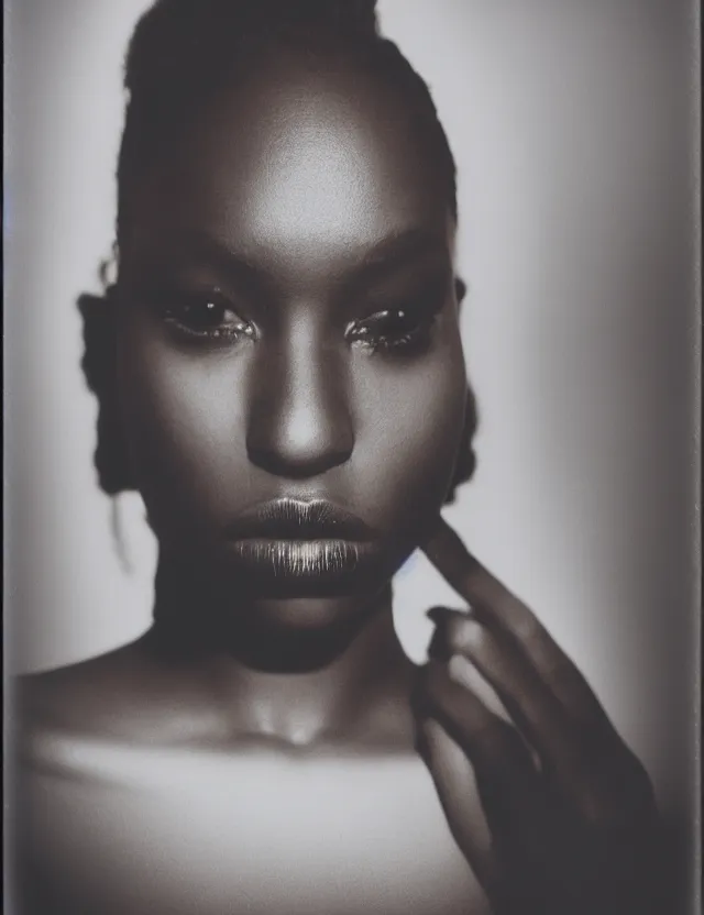 Image similar to conceptual polaroid photo with flash, portrait of a dark skin woman model in top with smokey eyes, polaroid photo bleached strong lights, kodak film stock, hyper real, stunning moody cinematography, with anamorphic lenses, by maripol, detailed