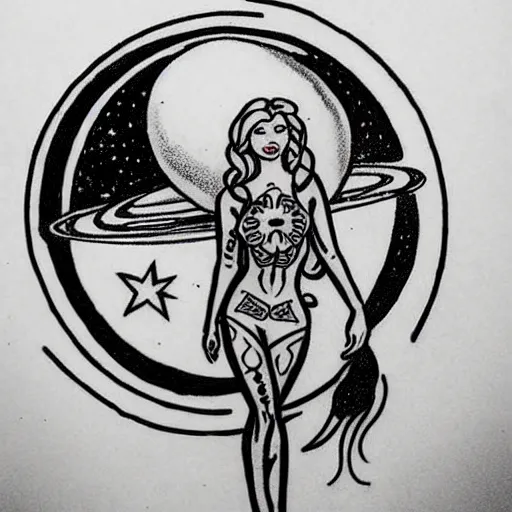 Prompt: old school, traditional style tattoo sketch of beautiful redhead girl, full body portrait in space riding a rocket, in front of jupiter planet with its moons drawn by sailor jerry, vic james, electric martina, heath clifford, kimi vera