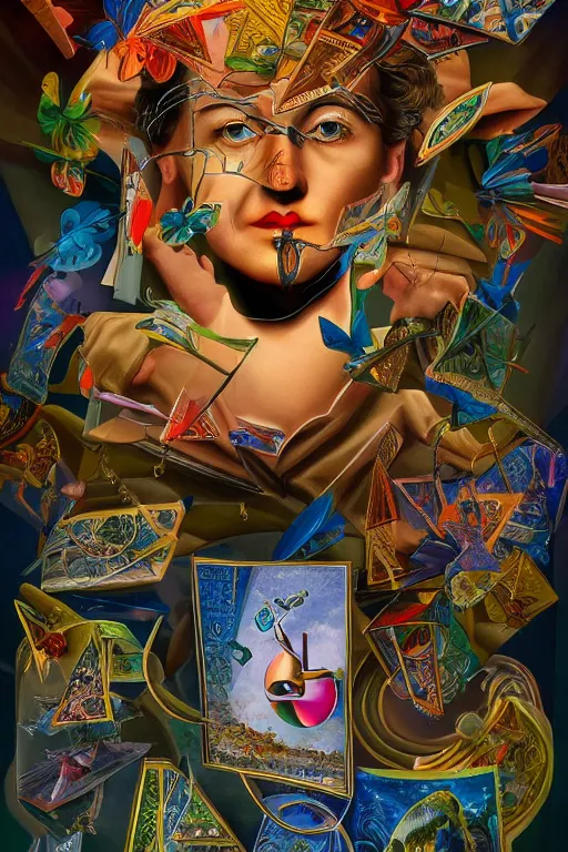 Image similar to full set of illuminati cards in the style of salvador dali, hyper - realistic, highly detailed, intricate detail, depth of field, high definition, 8 k, octane render, artstation