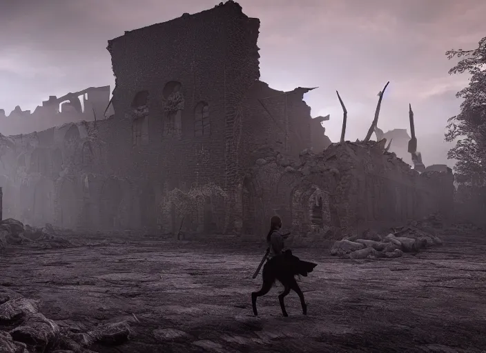 Image similar to a viking riding a giant black cat walks through the ruins of a viking village, horror, dramatic lighting, dawn, by caspar david friedrich, unreal engine 5