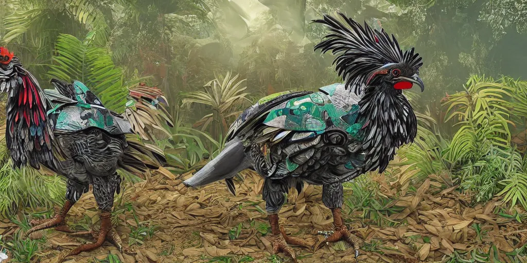 Image similar to fully armoured rooster in a dense jungle, mix of styles, hyper detailed