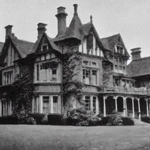 Image similar to edwardian photograph of a huge mansion, in the countryside, grainy, 1 9 1 0 s, 1 9 2 0 s, blurry, victorian, detailed