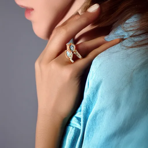 Prompt: wife wearing a ring with stunning 7 6 0 carat diamond adorned with blue sapphires