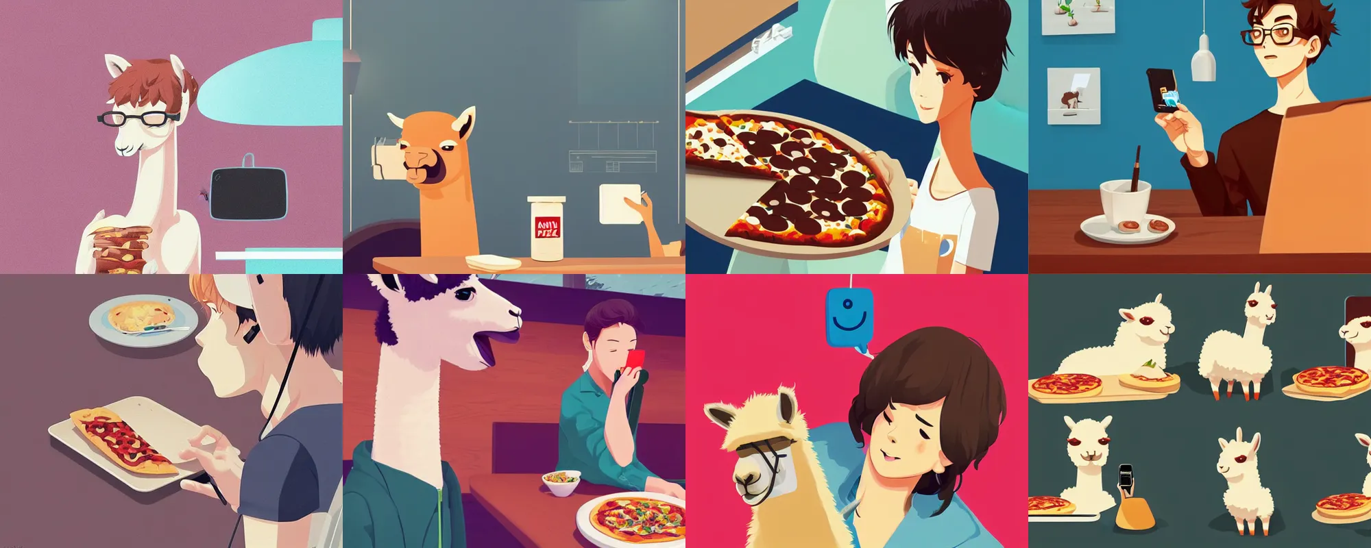 Prompt: an alpaca is ordering pizza on the phone. clean cel shaded vector art. minimalist illustration art by lois van baarle, artgerm, helen huang, by makoto shinkai and ilya kuvshinov, rossdraws