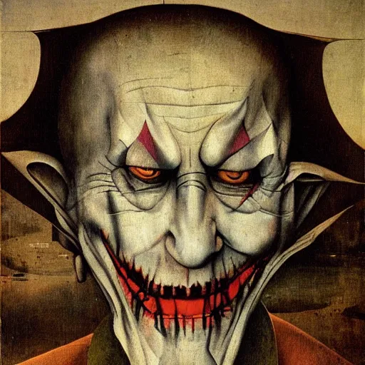 Image similar to portrait of the joker, drama, chaos matte painting by hieronymus bosch and zidislaw beksinsky