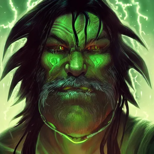Image similar to an older half - orc shaman with long wiry grey hair, glowing green eyes, glowing tattoos, lightning in background, rainy background, character concept art, artstation, digital art
