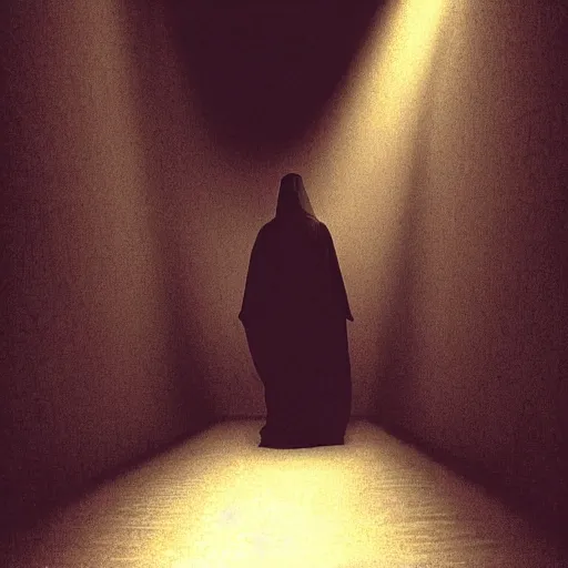 Prompt: a figure shrouded in a pitch black robe descending a white grand staircase in a black room, photorealism, dramatic lighting, serious, gloomy, forboding