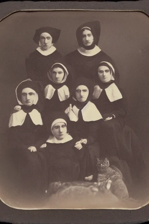 Image similar to daguerreotype of nuns riding cats