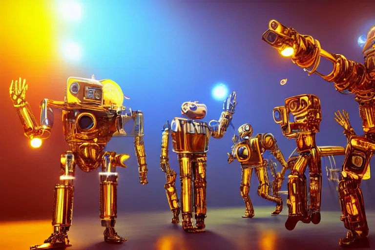 Image similar to scene from the voice of america, on stage are 4 golden and blue metal humanoid steampunk robots dancing wild, robots are wearing golden gears and tubes, eyes are glowing red lightbulbs, shiny crisp finish, 3 d render, 8 k, insaneley detailed, fluorescent colors, nightlight