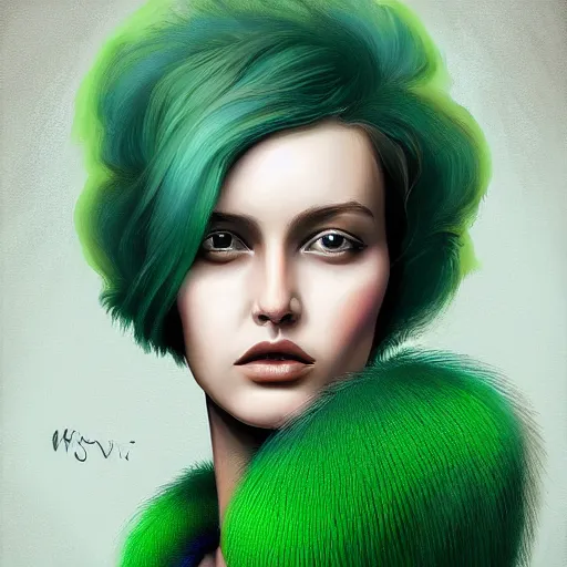 Image similar to symmetrical portrait of beautiful woman with green fuzzy hair, by nick silva, ja mong, digital, soft painting, photorealism