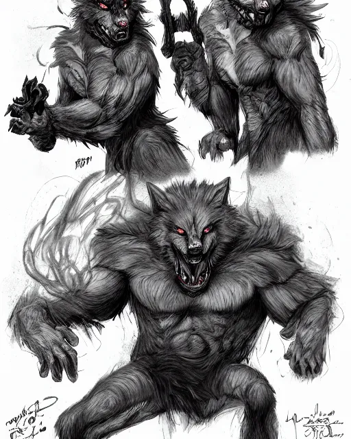 Image similar to werewolf concept designs in the style Neville Page, highly detailed, trending on artstation