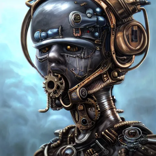 Prompt: portrait painting of a steampunk cyborg president, transhumanism, ultra realistic, concept art, studio ghibli, intricate details, eerie highly detailed