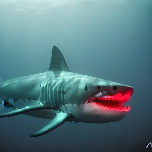 Image similar to A great white shark with red laser light emanating from its eyes, underwater photography, creepy, 8k