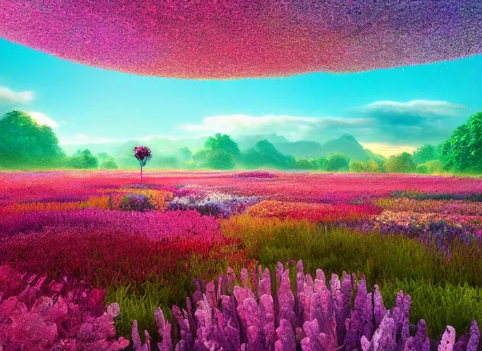 Image similar to flowerfield on a luminescent crystal biome that looks like a movie shot by pixar, ultra detailed, fantasy, hyper realism, art, smooth, beautiful art, masterpiece, landscape, cinematic, wet reflections, ray tracing x, rtx, smooth