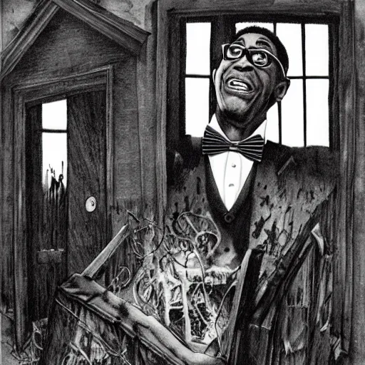 Prompt: Steve Urkel wearing a bowtie and suspenders scared in a graveyard, haunted, creepy, spooky, horror, ink, illustration, Stephen Gammell