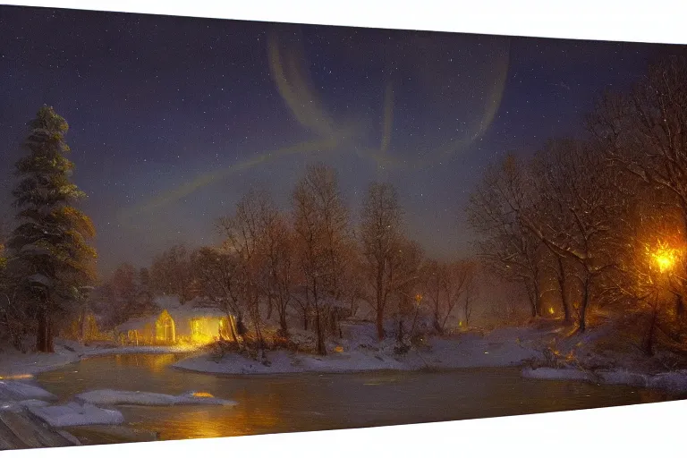 Prompt: beautiful nature, winter, night, norhtern lights, very detailed, focused, cinematic lighting, oil painting, colorful, canvas, artstation,Sydney Mortimer Laurence, Albert Bierstadt