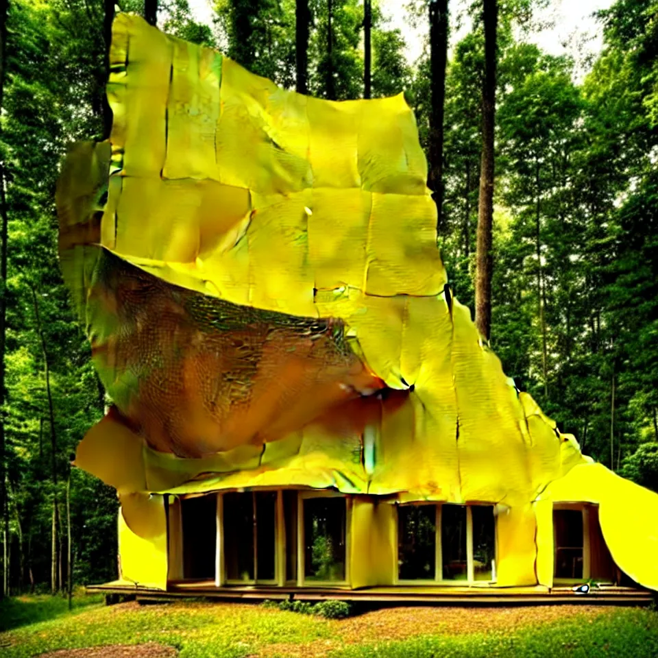 Image similar to a small flat house with big tiles in a forest, designed by Frank Gehry. Film grain, cinematic, yellow hue