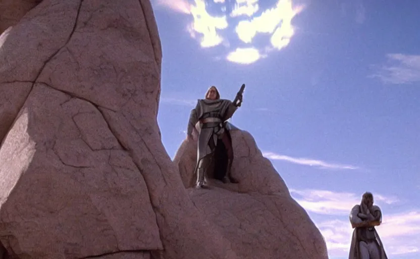 Image similar to screenshot of low angle wide shot of Luke skywalker, played by mark hammill,looking up to a large stone sculpture of an ancient Jedi master in robe, looming in the sky outside the rocky Jedi Temple, a female sith lord in white approaches with a lightsaber, scene from The Lost Jedi Star Wars film made in 1980, directed by Stanley Kubrick, serene, iconic scene, hazy atmosphere, stunning cinematography, hyper-detailed, sharp, anamorphic lenses, kodak color film, 4k