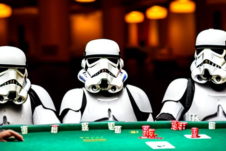 Prompt: a photo of two stormtroopers playing craps in las vegas, wide shot, 3 5 mm, bokeh, blurred background, colorful lights