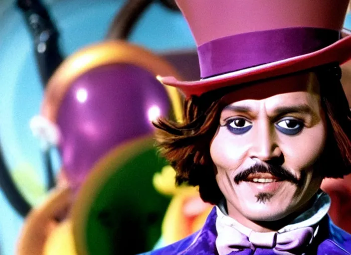 Image similar to film still of Johnny Depp as Willy Wonka in Willy Wonka and the Chocolate Factory 1971