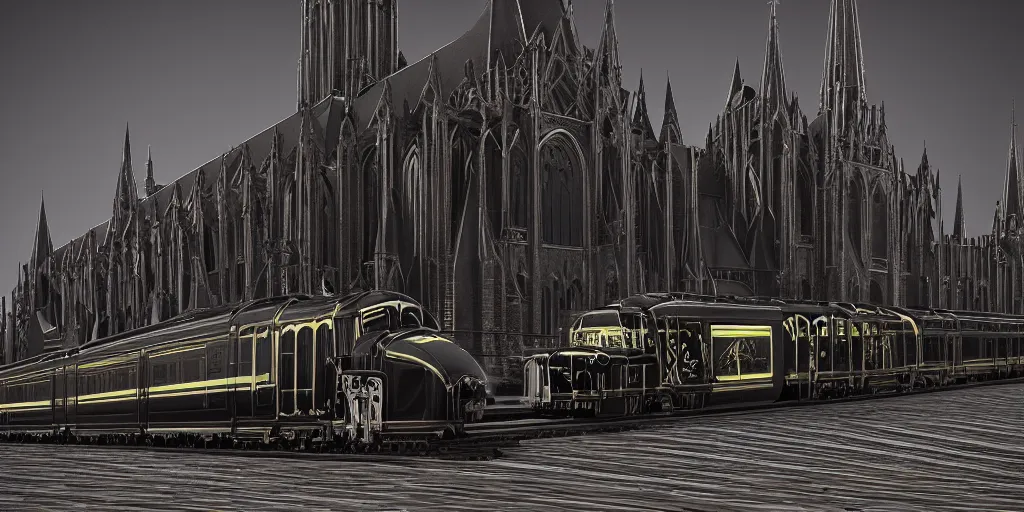 Prompt: streamline train that looks like gothic cathedral church, warhammer emperium style, gothic locomotive, art Deco, retro, steel gothic streamline style, octane render