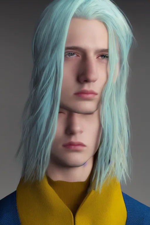 Prompt: a male teenager with long blue hair and yellow eyes wearing a winter overcoat, hyperrealistic, concept art, octane render, unreal engine 5, trending on artstation, high quality, 8 k, highly detailed, digital art, anatomically correct, symmetrical, realistic and defined face, profile picture, high coherence, path traced, beautiful, elegant clothes