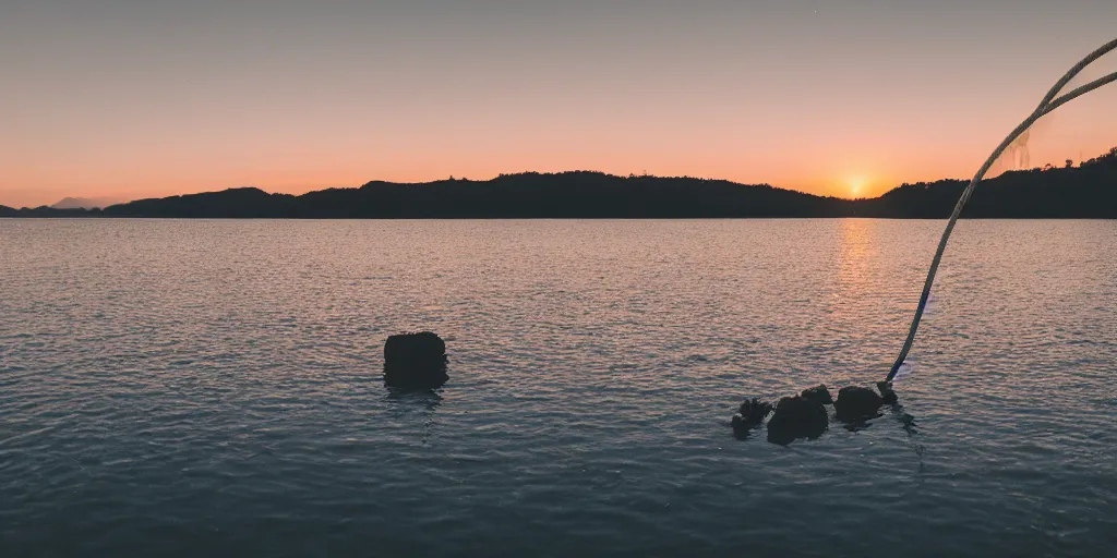 Image similar to cinematic shot of a lake with a rope floating in the middle, a rocky foreground, sunset, a bundle of rope is in the center of the lake, eerie vibe, leica, 2 4 mm lens, 3 5 mm kodak film, f / 2 2, anamorphic