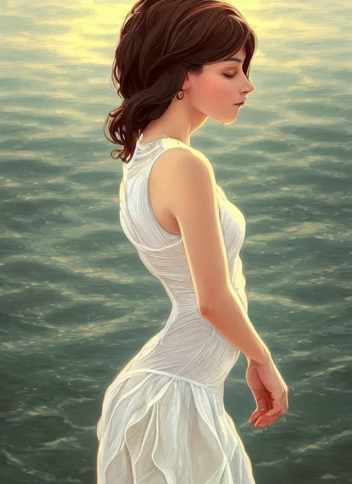 Image similar to long shot, woman posing, short wavy hair, round face, intricate white dress, lakeside, cottagecore!!, intricate, enlightened, highly detailed, digital painting, artstation, concept art, smooth, sharp focus, illustration, inspired by artgerm, by marat safin, and alphonse mucha