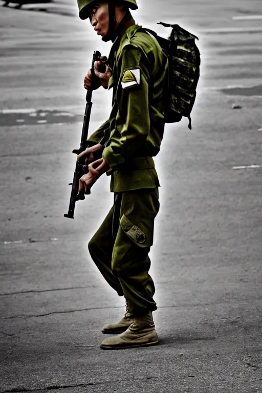 Image similar to vietnam soldier with skateboard, photography, pulitzer style, hyperrealistic, vogue magazine photo style, dynamic composition, intricate, proportional perfect, dynamic comfortable posse, smooth, sharp focus, captured by nikon d 8 5 0, 4 k, full body. by daniel berehulak