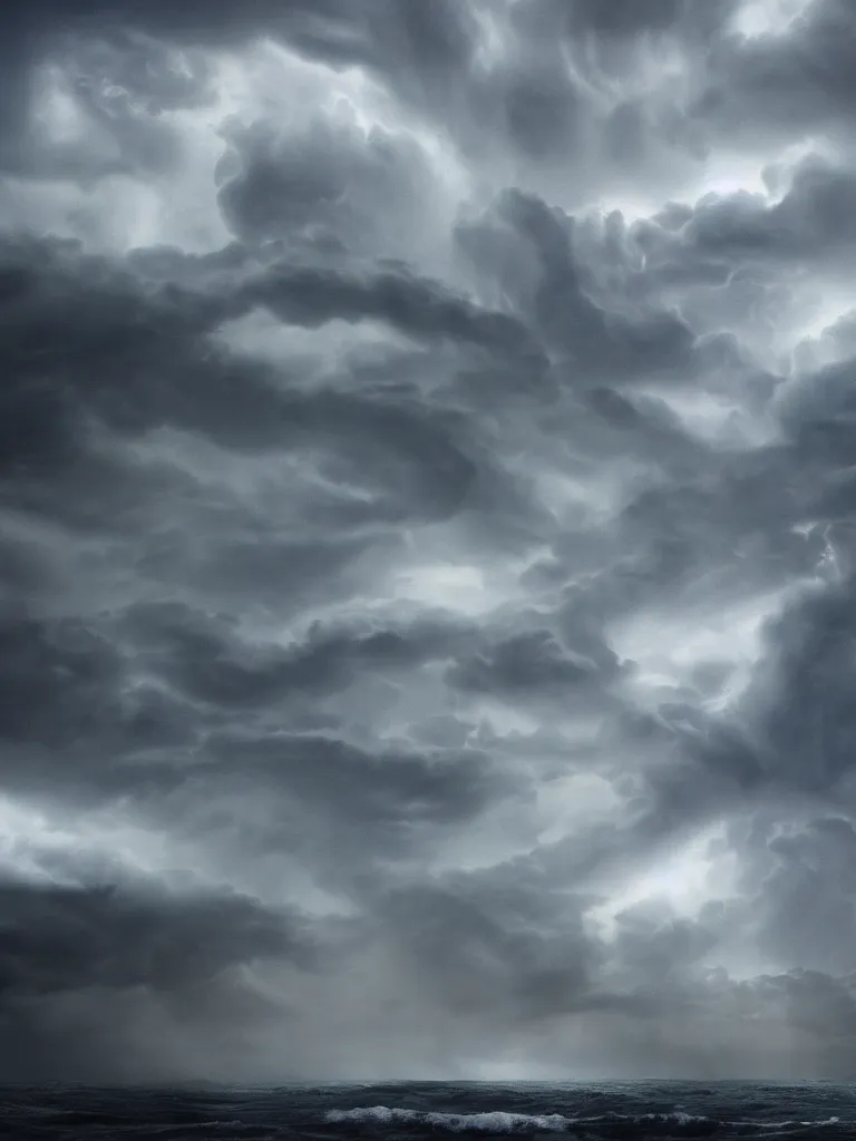 Prompt: Cthulhu rising from a stormy sea, towering over the coastline during a thunderstorm, dramatic, ominous clouds, ground mist, featured on artstation, 4k