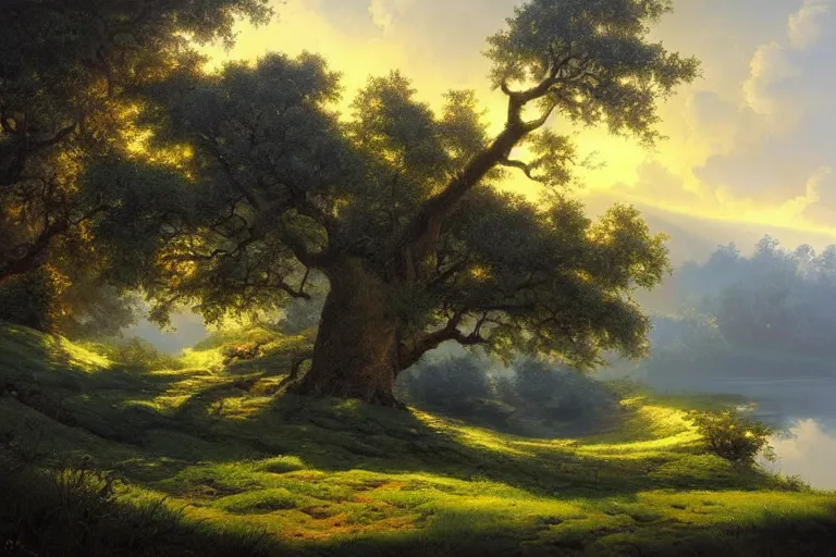 Image similar to masterpiece painting of oak trees on a hillside overlooking a creek, dramatic lighting, by tyler edlin